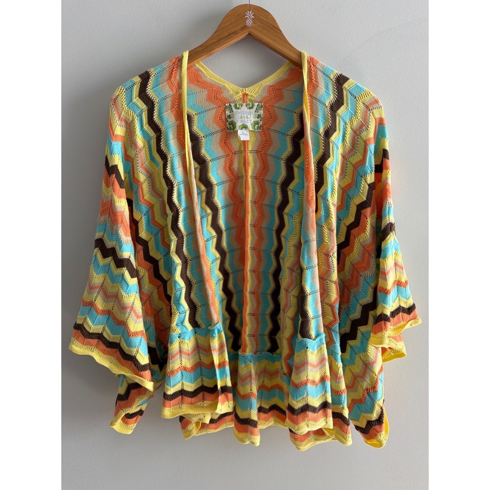 Chelsea & Violet Chevron Zig Zag Knit Kimono Cardigan Yellow Blue Orange Large